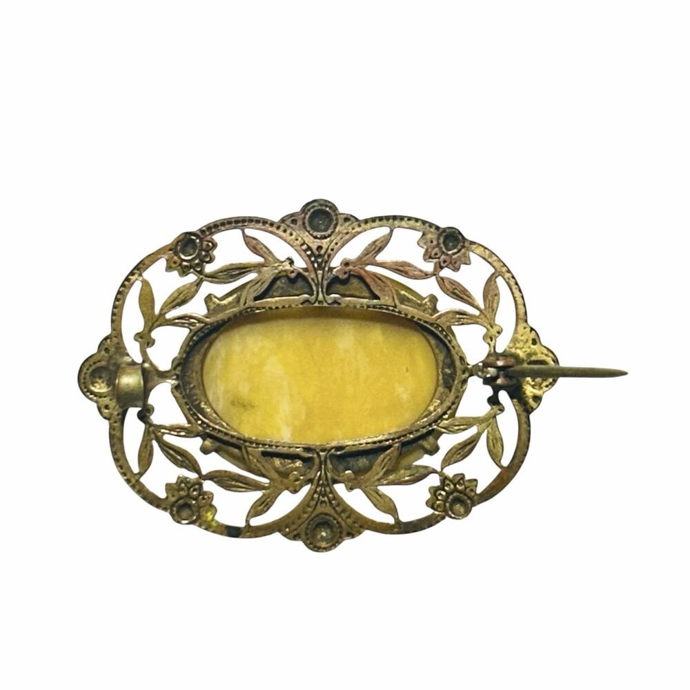 Vintage Amber Cabochon Brooch Filigree Bronze Tone Victorian Revival - Picture 5 of 12
